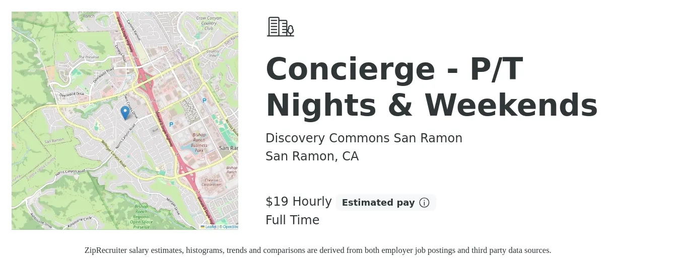 Discovery Commons San Ramon job posting for a Concierge - P/T Nights & Weekends in San Ramon, CA with a salary of $20 Hourly with a map of San Ramon location.