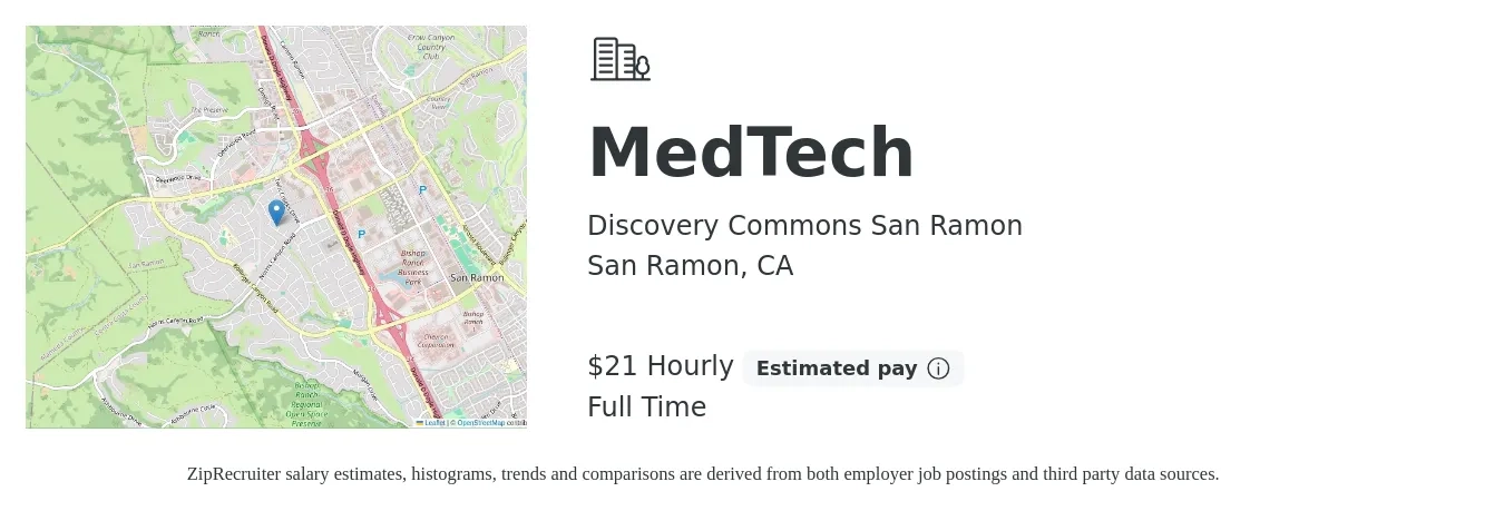 Discovery Commons San Ramon job posting for a MedTech in San Ramon, CA with a salary of $22 Hourly with a map of San Ramon location.