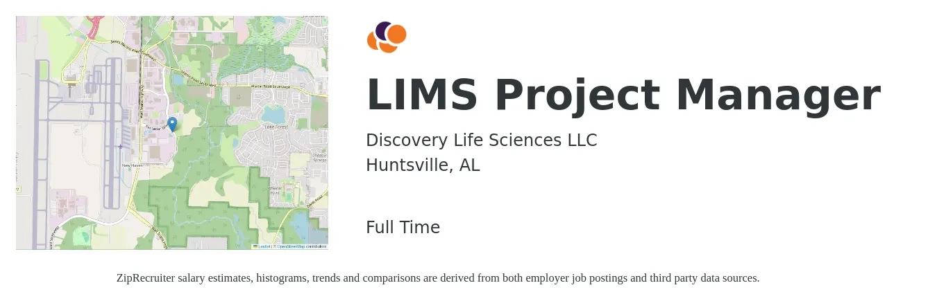 Discovery Life Sciences LLC job posting for a LIMS Project Manager in Huntsville, AL with a salary of $73,100 to $114,600 Yearly with a map of Huntsville location.