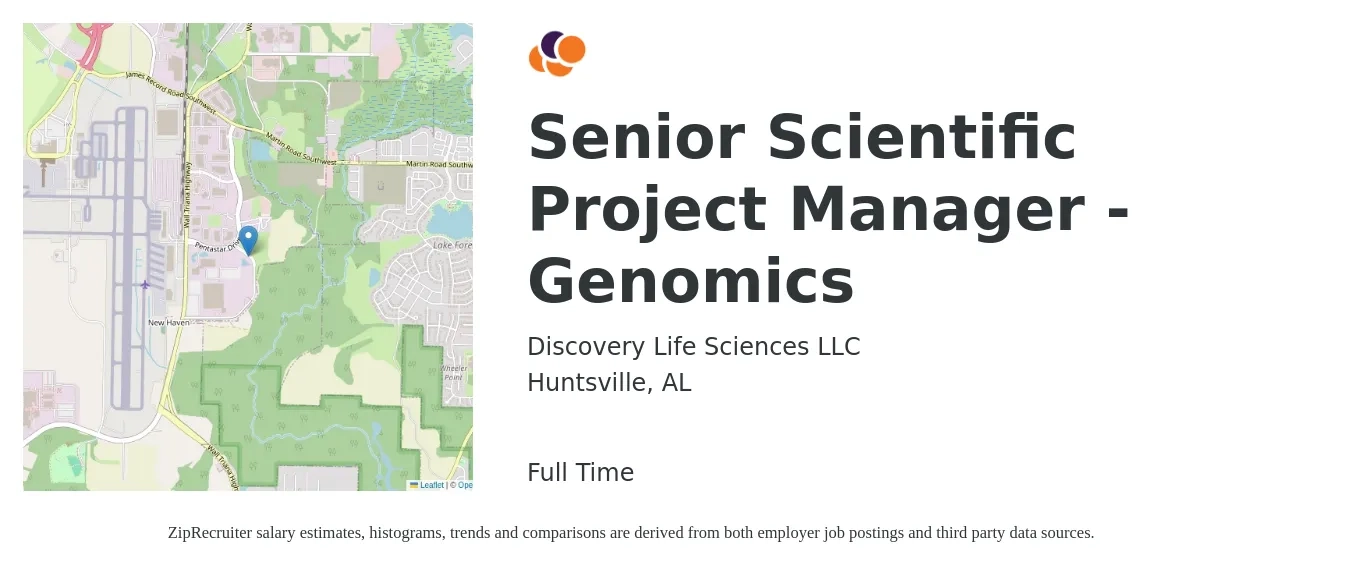 Discovery Life Sciences LLC job posting for a Senior Scientific Project Manager - Genomics in Huntsville, AL with a salary of $96,400 to $136,000 Yearly with a map of Huntsville location.