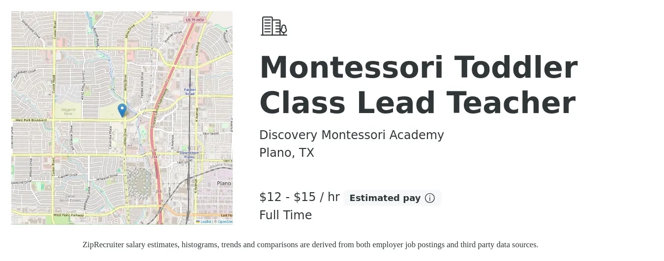 Discovery Montessori Academy job posting for a Montessori Toddler Class Lead Teacher in Plano, TX with a salary of $13 to $16 Hourly with a map of Plano location.