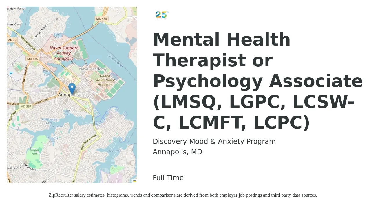 Discovery Mood & Anxiety Program job posting for a Mental Health Therapist or Psychology Associate (LMSQ, LGPC, LCSW-C, LCMFT, LCPC) in Annapolis, MD with a salary of $65,000 to $95,000 Yearly with a map of Annapolis location.