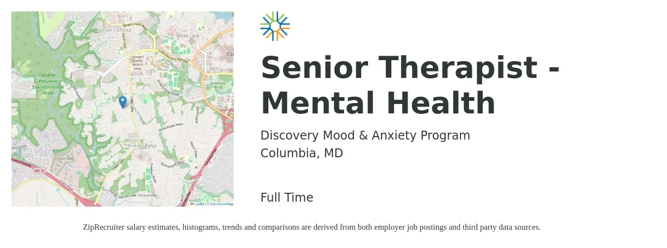 Discovery Mood & Anxiety Program job posting for a Senior Therapist - Mental Health in Columbia, MD with a salary of $60,000 to $95,000 Yearly with a map of Columbia location.