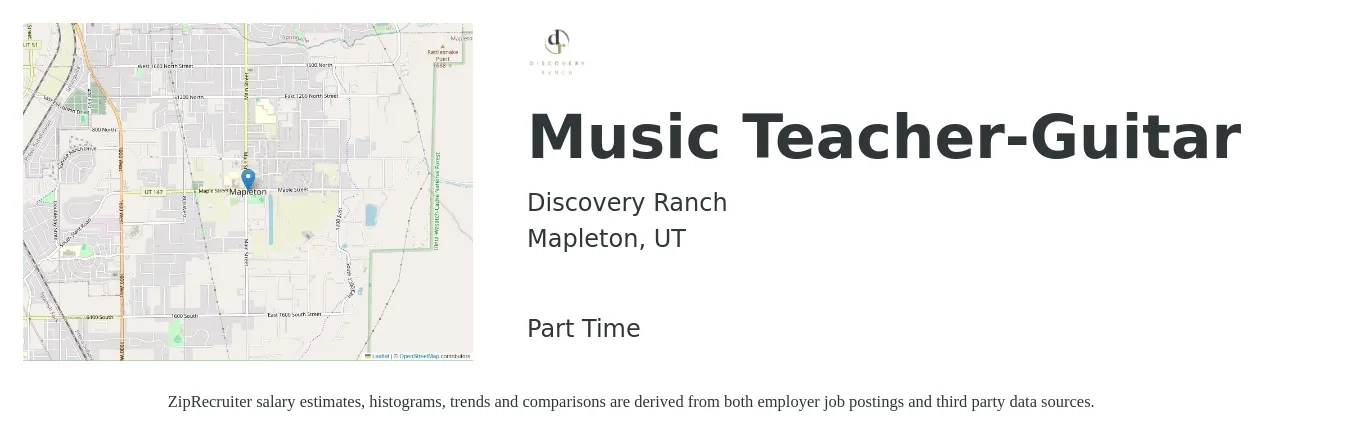 Discovery Ranch job posting for a Music Teacher-Guitar in Mapleton, UT with a salary of $14 to $16 Hourly with a map of Mapleton location.