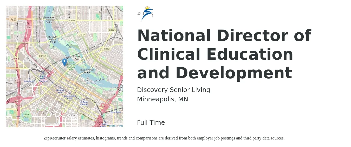 Discovery Senior Living job posting for a National Director of Clinical Education and Development in Minneapolis, MN with a salary of $73,100 to $113,300 Yearly with a map of Minneapolis location.