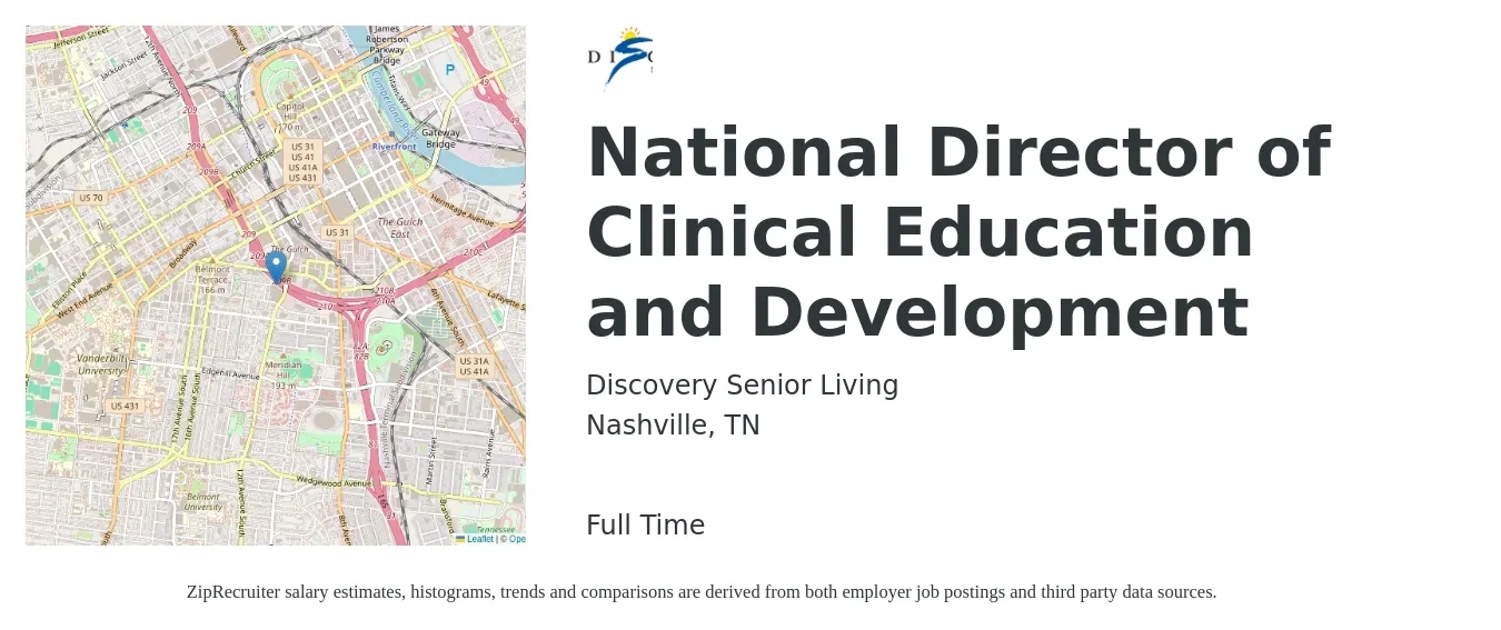 Discovery Senior Living job posting for a National Director of Clinical Education and Development in Nashville, TN with a salary of $67,600 to $104,800 Yearly with a map of Nashville location.