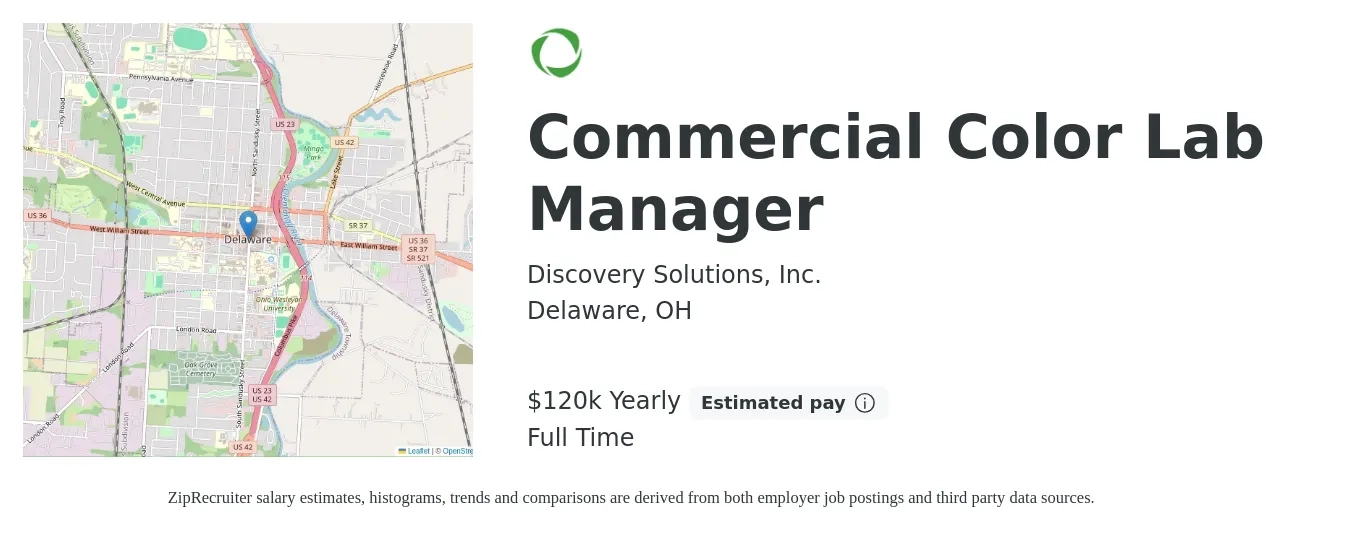 Discovery Solutions, Inc. job posting for a Commercial Color Lab Manager in Delaware, OH with a salary of $120,000 Yearly with a map of Delaware location.