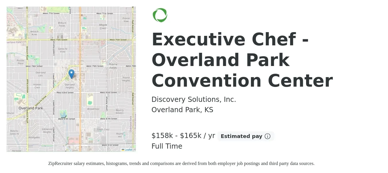 Discovery Solutions, Inc. job posting for a Executive Chef - Overland Park Convention Center in Overland Park, KS with a salary of $158,000 to $165,000 Yearly with a map of Overland Park location.