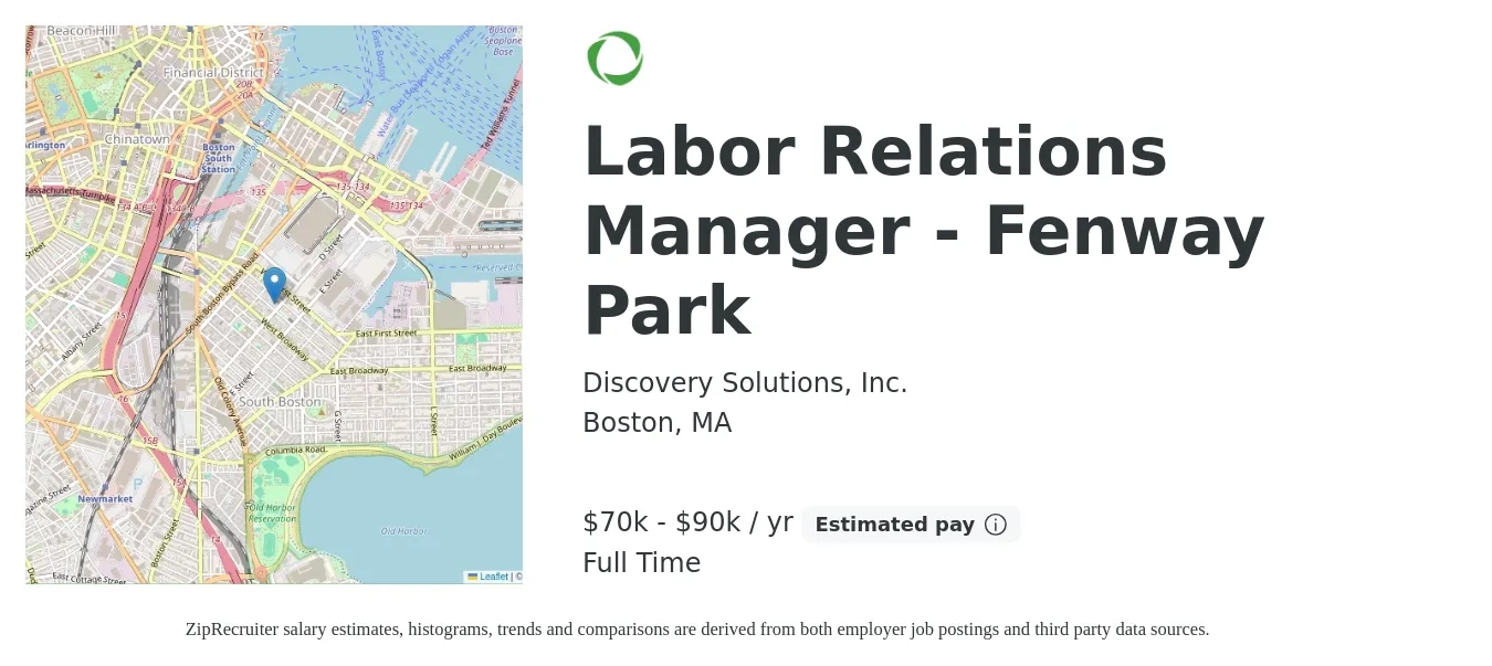 Discovery Solutions, Inc. job posting for a Labor Relations Manager - Fenway Park in Boston, MA with a salary of $70,000 to $90,000 Yearly with a map of Boston location.