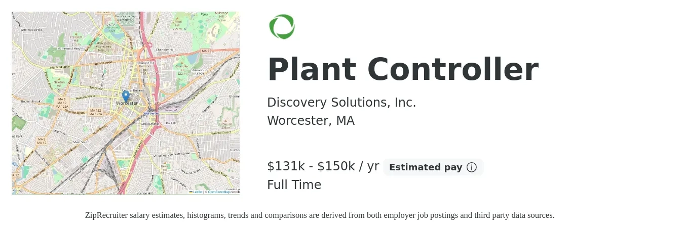 Discovery Solutions, Inc. job posting for a Plant Controller in Worcester, MA with a salary of $131,000 to $150,000 Yearly with a map of Worcester location.