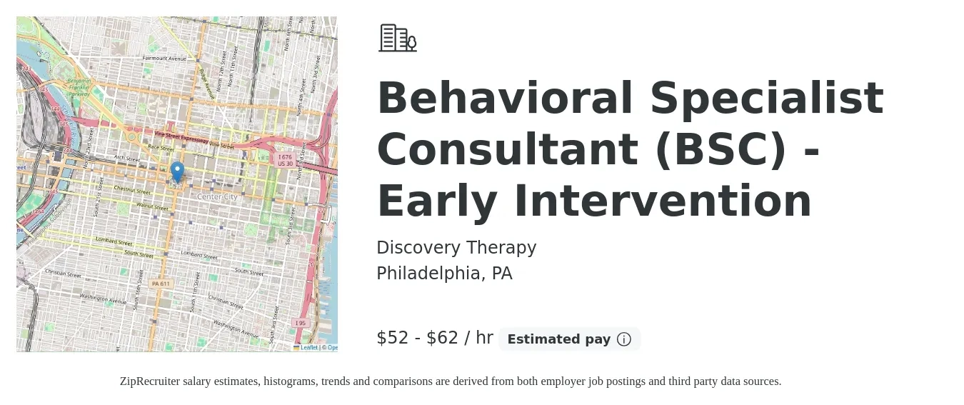 Discovery Therapy job posting for a Behavioral Specialist Consultant (BSC) - Early Intervention in Philadelphia, PA with a salary of $55 to $65 Hourly with a map of Philadelphia location.