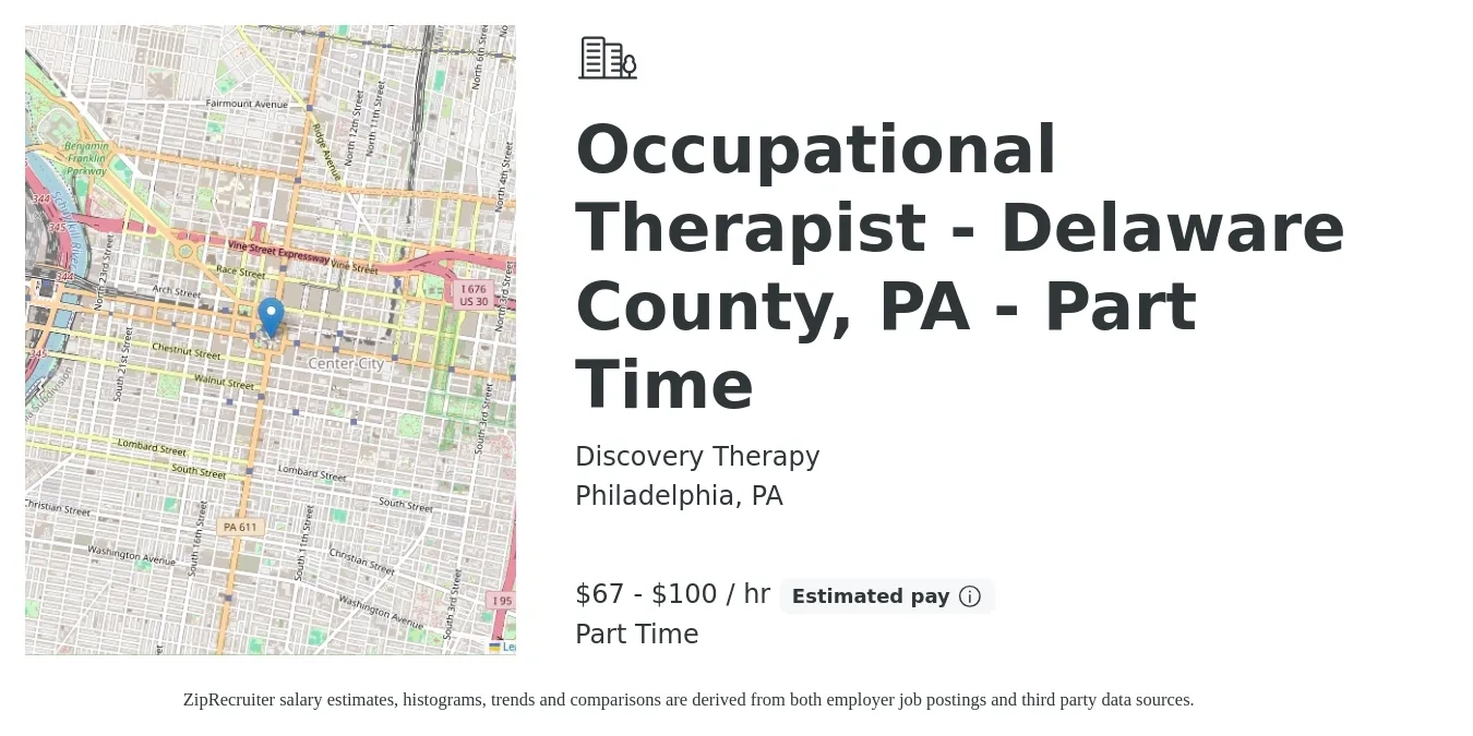 Discovery Therapy job posting for a Occupational Therapist - Delaware County, PA - Part Time in Philadelphia, PA with a salary of $70 to $105 Hourly with a map of Philadelphia location.