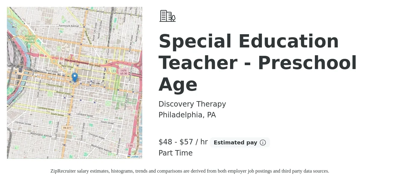 Discovery Therapy job posting for a Special Education Teacher - Preschool Age in Philadelphia, PA with a salary of $50 to $60 Hourly with a map of Philadelphia location.