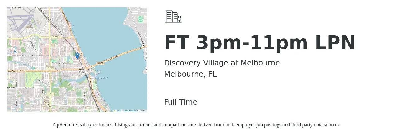 Discovery Village at Melbourne job posting for a FT 3pm-11pm LPN in Melbourne, FL with a salary of $24 to $32 Hourly with a map of Melbourne location.