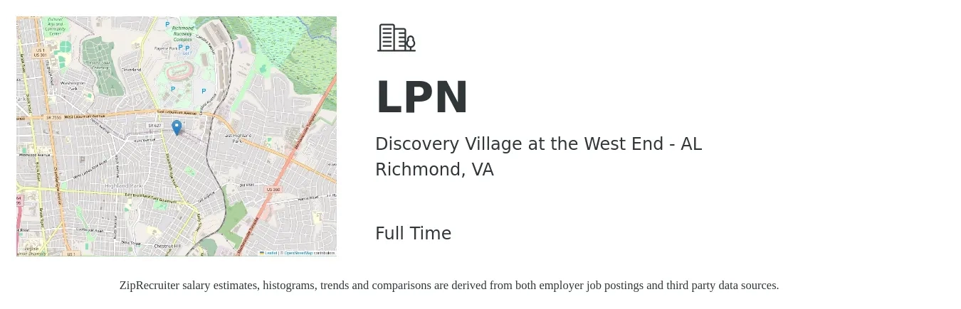 Discovery Village at the West End - AL job posting for a LPN in Richmond, VA with a salary of $26 to $35 Hourly with a map of Richmond location.