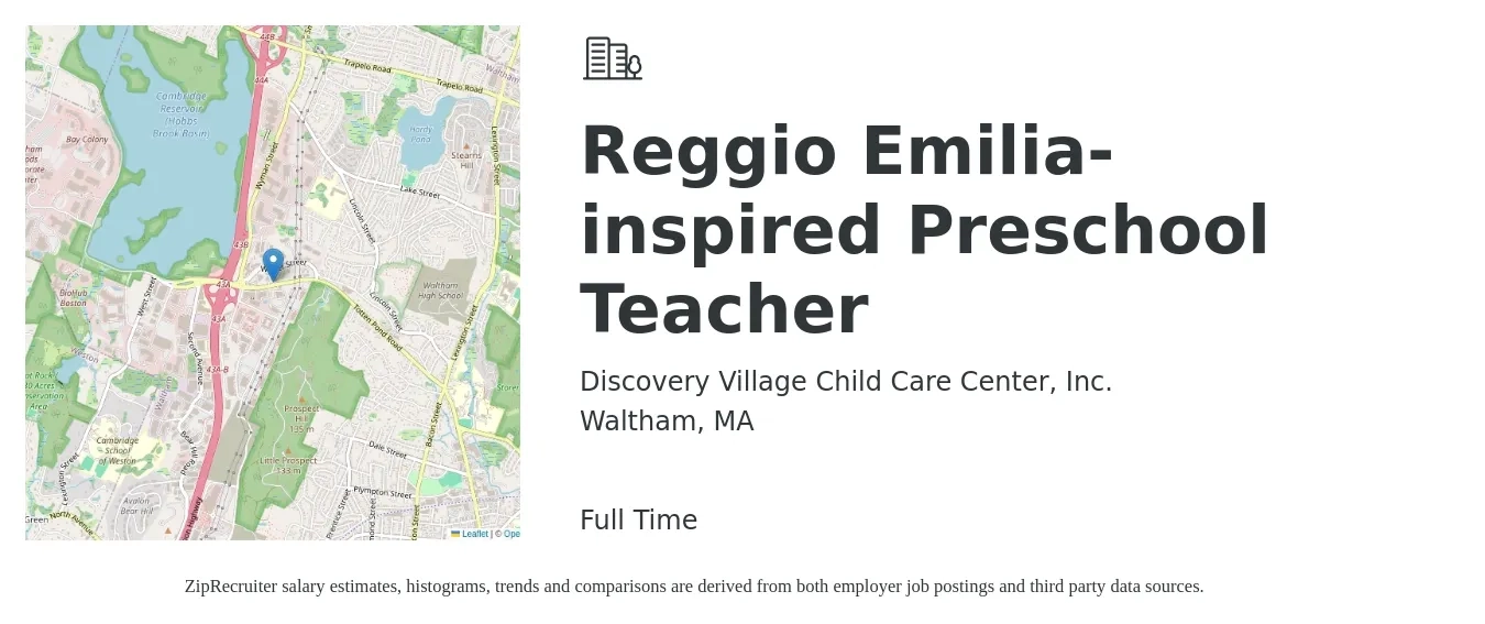 Discovery Village Child Care Center, Inc. job posting for a Reggio Emilia-inspired Preschool Teacher in Waltham, MA with a salary of $22 to $26 Hourly with a map of Waltham location.