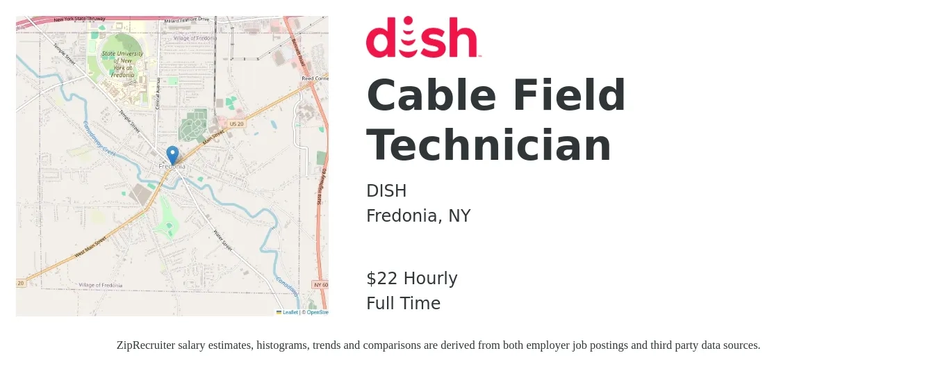 DISH job posting for a Cable Field Technician in Fredonia, NY with a salary of $24 Hourly with a map of Fredonia location.