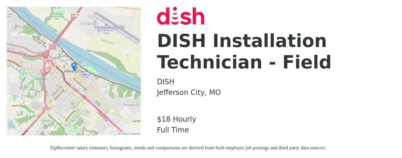 DISH job posting for a DISH Installation Technician - Field in Jefferson City, MO with a salary of $19 Hourly with a map of Jefferson City location.