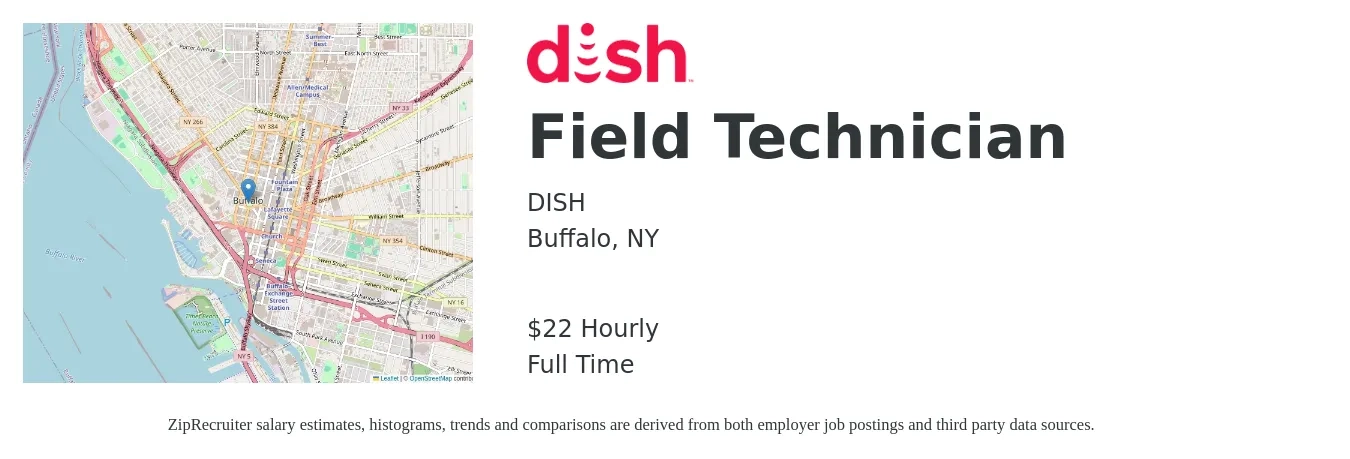 DISH job posting for a Field Technician in Buffalo, NY with a salary of $24 Hourly with a map of Buffalo location.