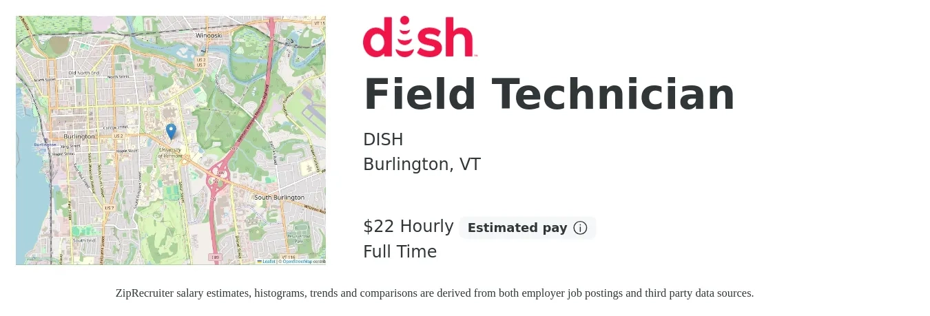 DISH job posting for a Field Technician in Burlington, VT with a salary of $23 Hourly with a map of Burlington location.