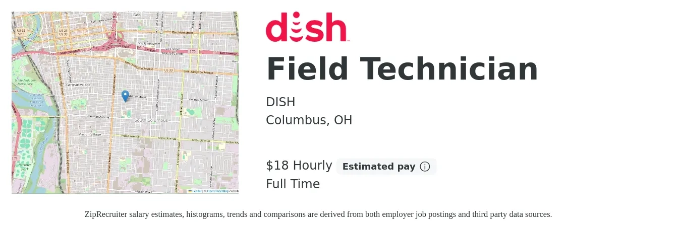 DISH job posting for a Field Technician in Columbus, OH with a salary of $20 Hourly with a map of Columbus location.