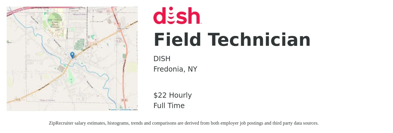 DISH job posting for a Field Technician in Fredonia, NY with a salary of $24 Hourly with a map of Fredonia location.