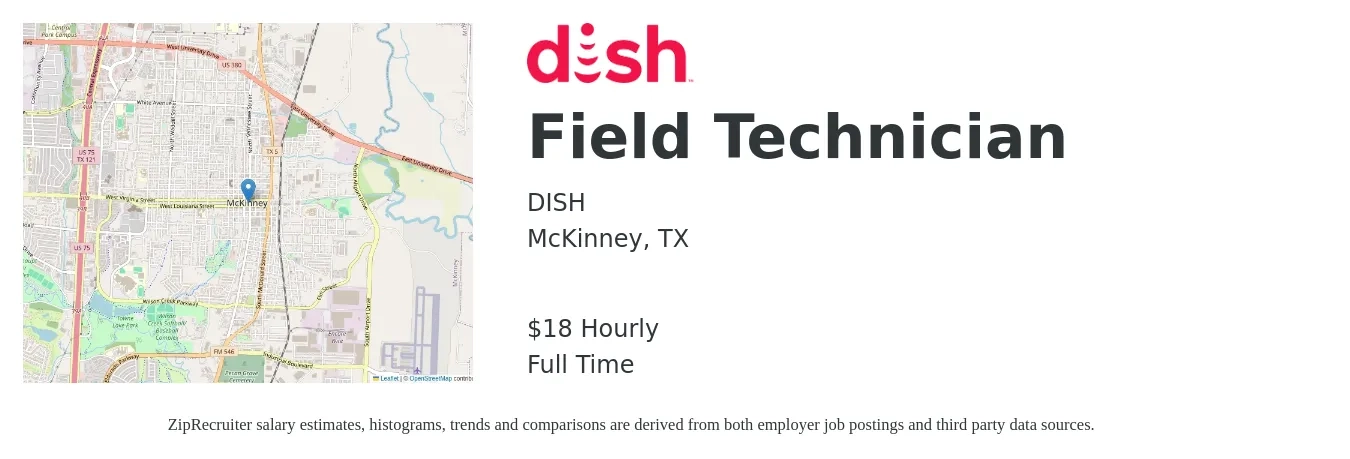 DISH job posting for a Field Technician in McKinney, TX with a salary of $19 Hourly with a map of McKinney location.