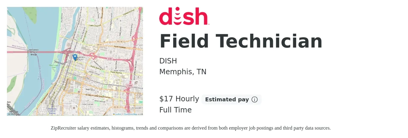 DISH job posting for a Field Technician in Memphis, TN with a salary of $18 Hourly with a map of Memphis location.