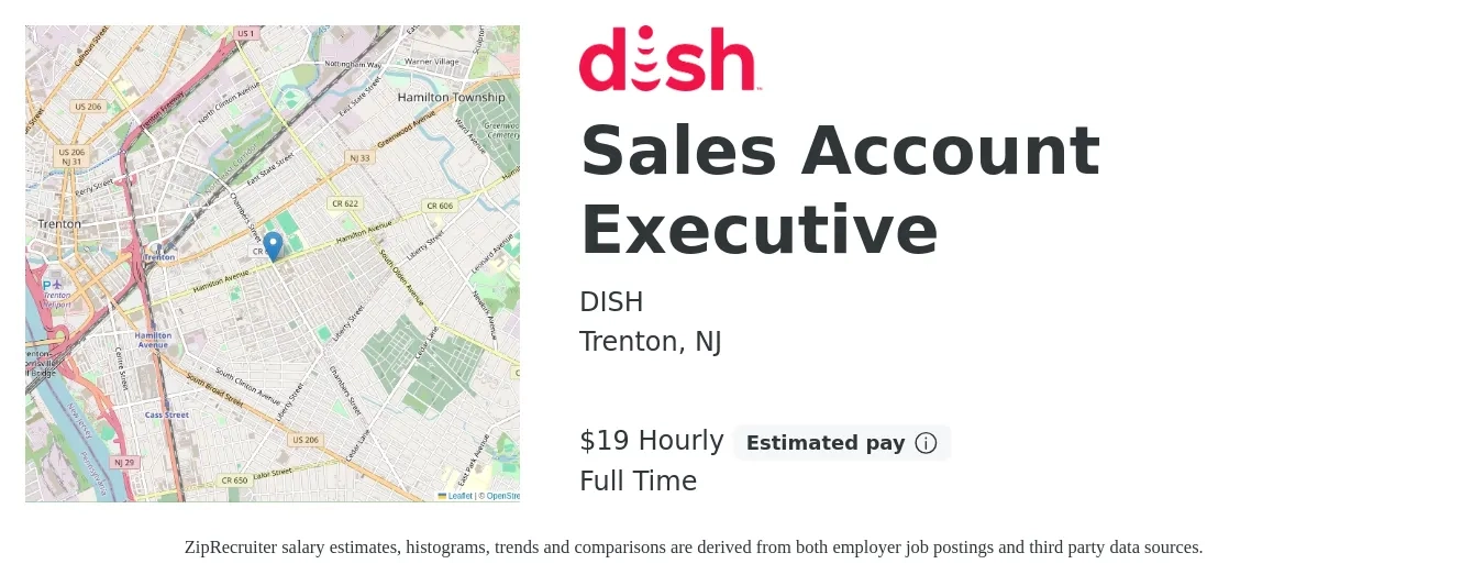 DISH job posting for a Sales Account Executive in Trenton, NJ with a salary of $68,000 Yearly with a map of Trenton location.