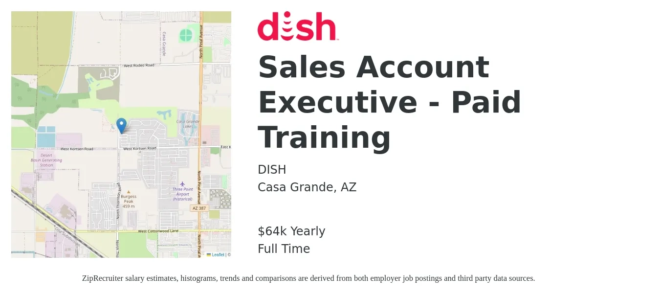 DISH job posting for a Sales Account Executive - Paid Training in Casa Grande, AZ with a salary of $18 Hourly with a map of Casa Grande location.