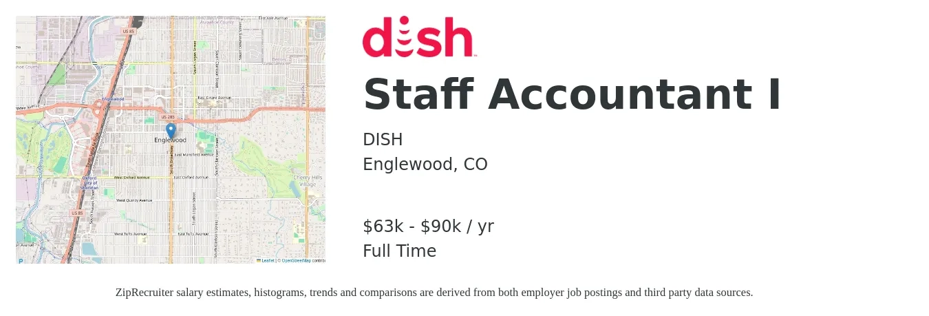 DISH job posting for a Staff Accountant I in Englewood, CO with a salary of $63,150 to $90,000 Yearly with a map of Englewood location.