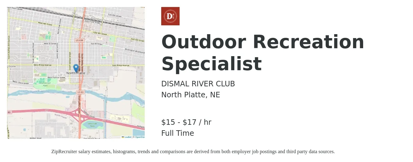 DISMAL RIVER CLUB job posting for a Outdoor Recreation Specialist in North Platte, NE with a salary of $16 to $18 Hourly with a map of North Platte location.