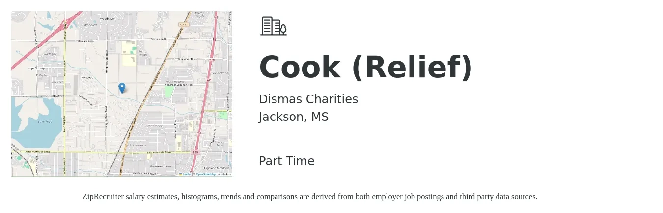 Dismas Charities job posting for a Cook (Relief) in Jackson, MS with a salary of $14 to $17 Hourly with a map of Jackson location.