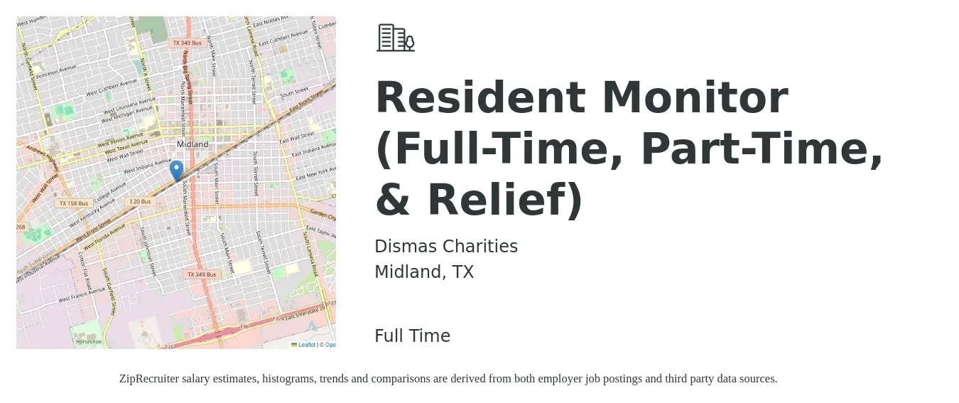 Dismas Charities job posting for a Resident Monitor (Full-Time, Part-Time, & Relief) in Midland, TX with a salary of $16 to $21 Hourly with a map of Midland location.