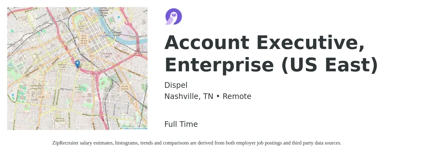 Dispel job posting for a Account Executive, Enterprise (US East) in Nashville, TN with a salary of $77,300 to $130,400 Yearly with a map of Nashville location.