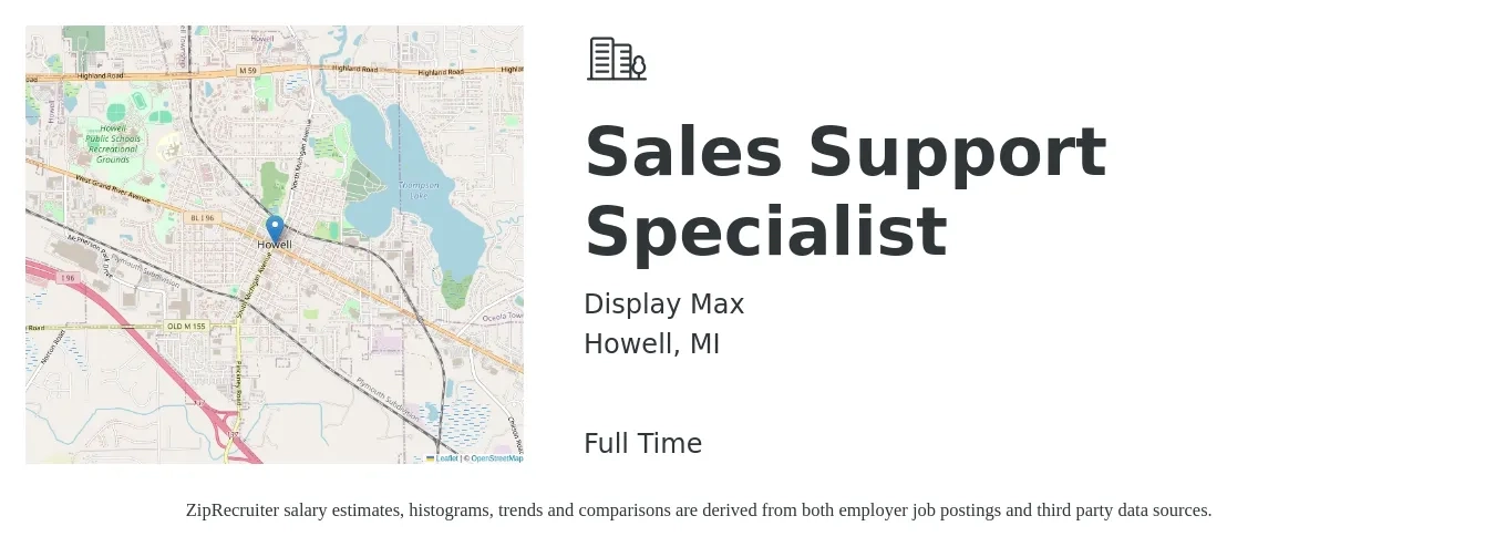 Display Max job posting for a Sales Support Specialist in Howell, MI with a salary of $21 to $28 Hourly with a map of Howell location.