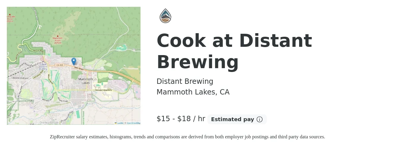 Distant Brewing job posting for a Cook at Distant Brewing in Mammoth Lakes, CA with a salary of $16 to $19 Hourly with a map of Mammoth Lakes location.