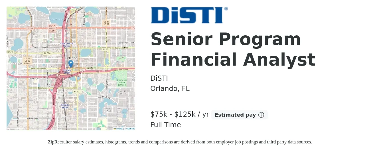 DiSTI job posting for a Senior Program Financial Analyst in Orlando, FL with a salary of $75,000 to $125,000 Yearly with a map of Orlando location.