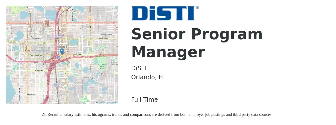 DiSTI job posting for a Senior Program Manager in Orlando, FL with a salary of $101,000 to $101,400 Yearly with a map of Orlando location.