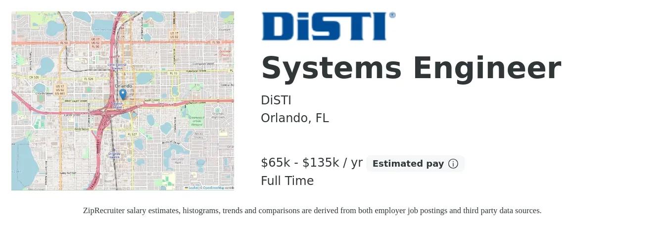 DiSTI job posting for a Systems Engineer in Orlando, FL with a salary of $65,000 to $135,000 Yearly with a map of Orlando location.