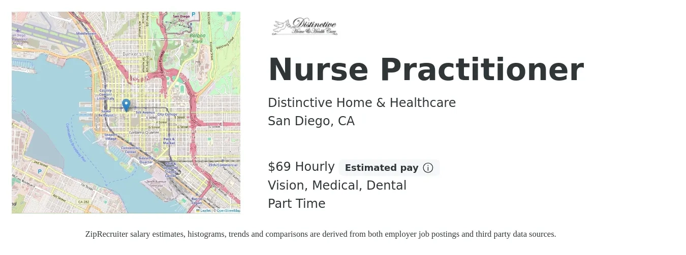 Distinctive Home & Healthcare job posting for a Nurse Practitioner in San Diego, CA with a salary of $72 Hourly and benefits including vision, dental, life_insurance, medical, pto, and retirement with a map of San Diego location.