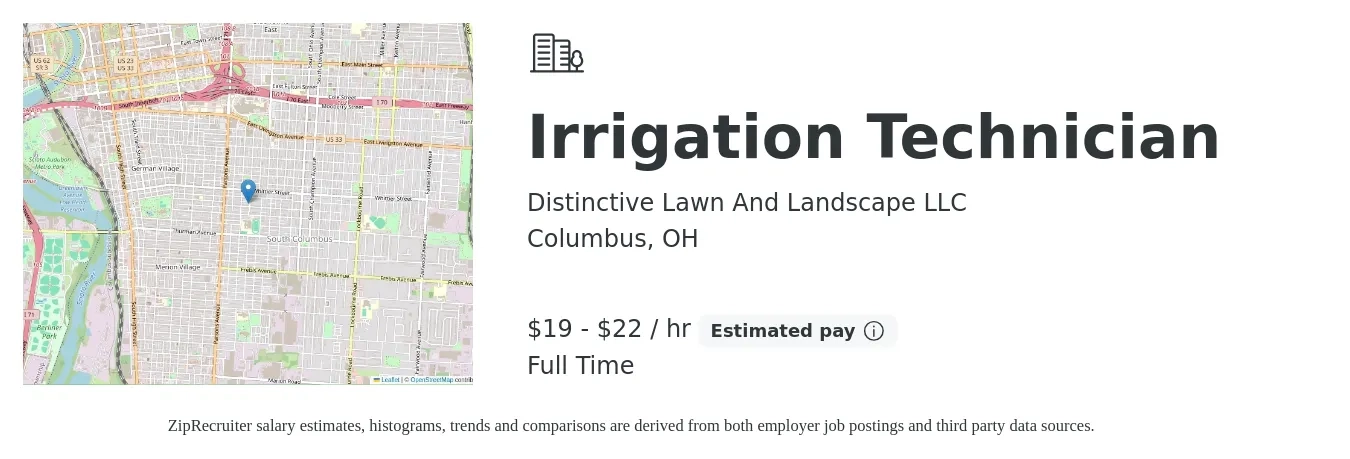Distinctive Lawn And Landscape LLC job posting for a Irrigation Technician in Columbus, OH with a salary of $20 to $23 Hourly with a map of Columbus location.