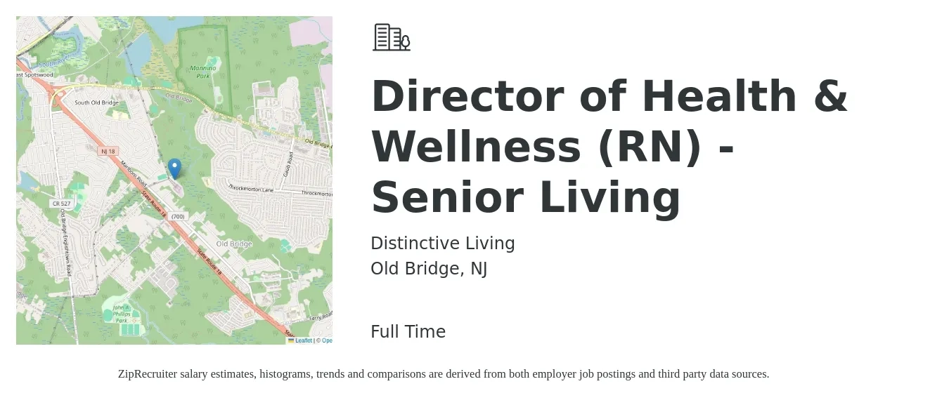 Distinctive Living job posting for a Director of Health & Wellness (RN) - Senior Living in Old Bridge, NJ with a salary of $54,100 to $84,500 Yearly with a map of Old Bridge location.