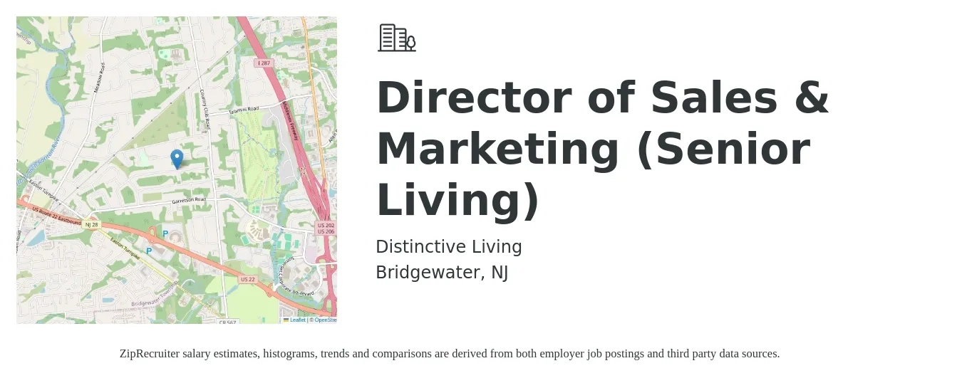 Distinctive Living job posting for a Director of Sales & Marketing (Senior Living) in Bridgewater, NJ with a salary of $55,000 to $65,000 Yearly with a map of Bridgewater location.