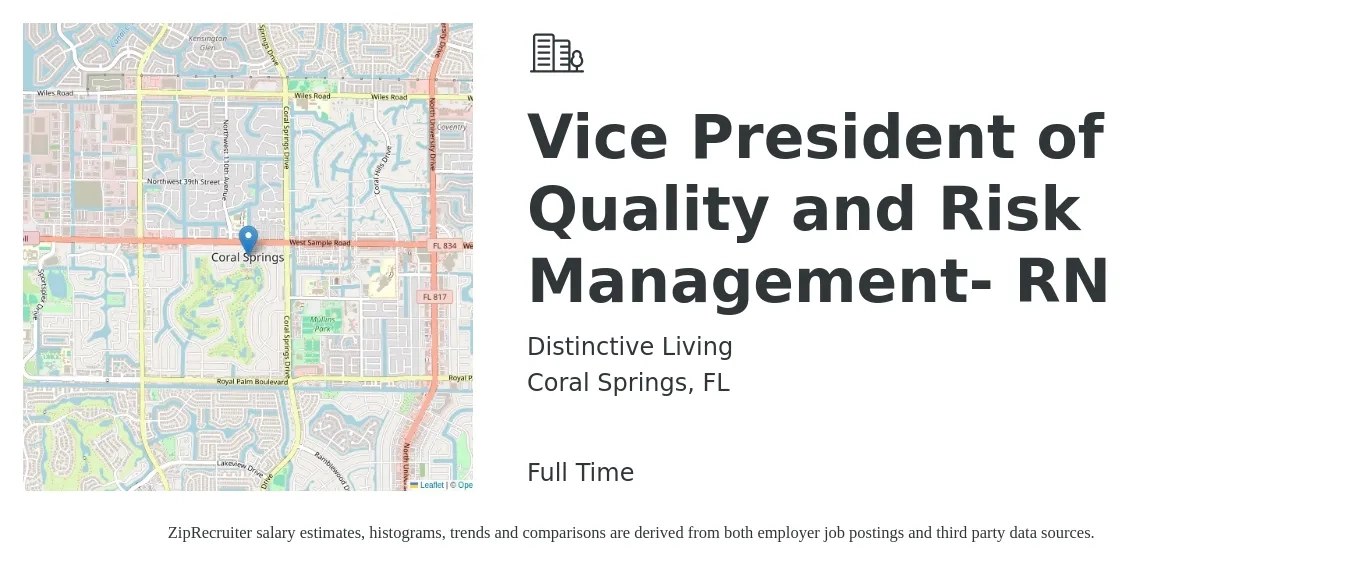 Distinctive Living job posting for a Vice President of Quality and Risk Management- RN in Coral Springs, FL with a salary of $67,000 to $171,800 Yearly with a map of Coral Springs location.