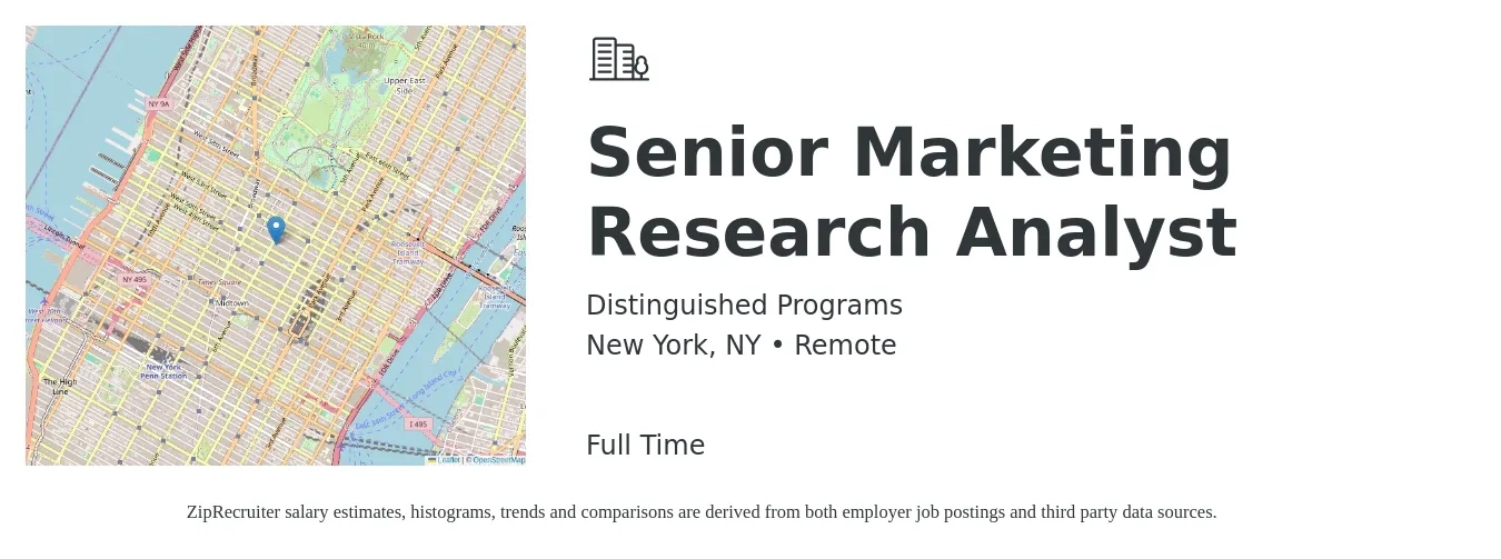 Distinguished Programs job posting for a Senior Marketing Research Analyst in New York, NY with a salary of $80,000 to $110,000 Yearly with a map of New York location.