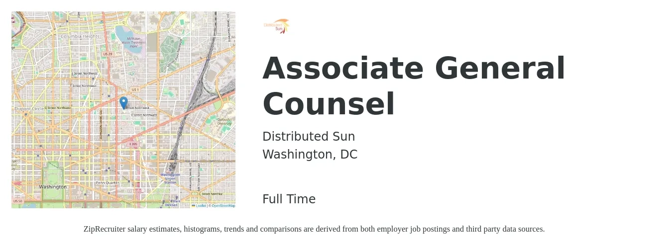 Distributed Sun job posting for a Associate General Counsel in Washington, DC with a salary of $121,700 to $215,200 Yearly with a map of Washington location.