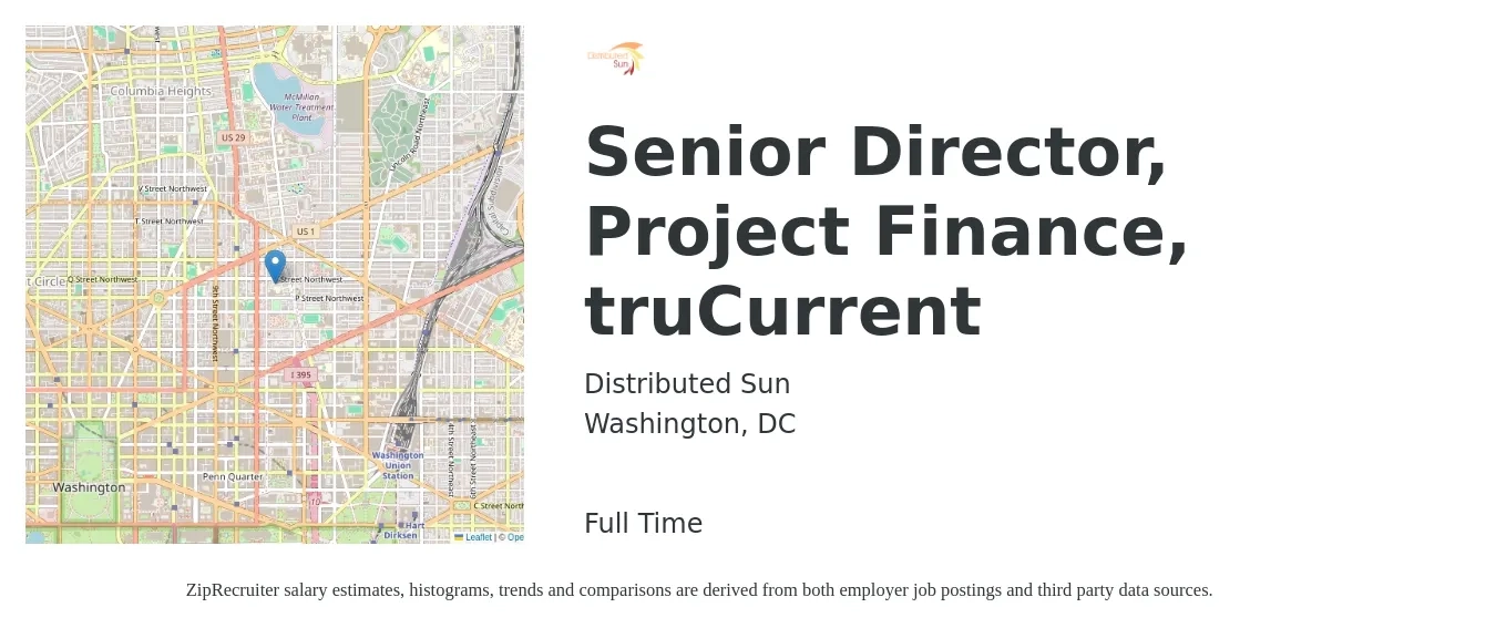 Distributed Sun job posting for a Senior Director, Project Finance, truCurrent in Washington, DC with a salary of $139,300 to $198,200 Yearly with a map of Washington location.
