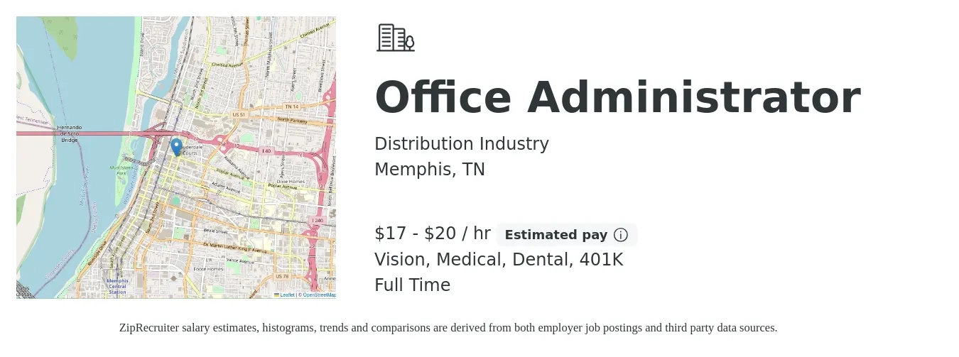 Distribution Industry job posting for a Office Administrator in Memphis, TN with a salary of $18 to $21 Hourly and benefits including 401k, dental, life_insurance, medical, and vision with a map of Memphis location.