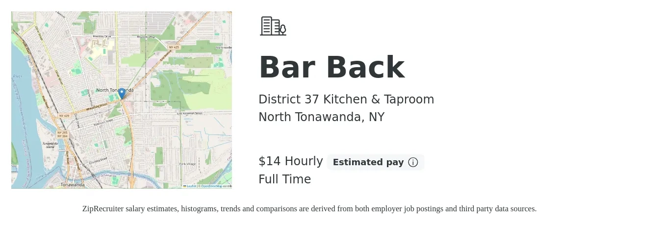 District 37 Kitchen & Taproom job posting for a Bar Back in North Tonawanda, NY with a salary of $15 Hourly with a map of North Tonawanda location.